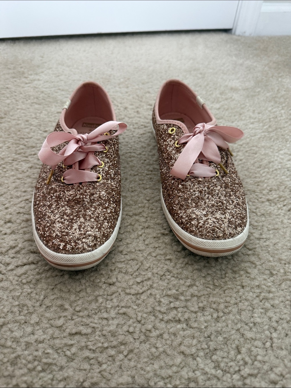 Glitter Satin Lace-Up Women's Sneaker - Rose Gold Pink - Picture 4 of 8